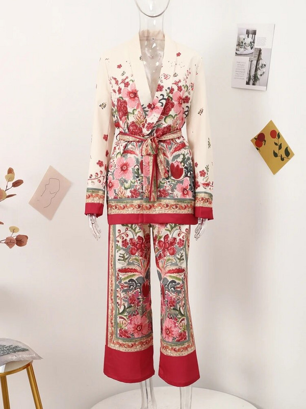Ležerna odijela sa retro cvjetnim blejzerom Ženska jakna dugih rukava za proljeće 2023. sa širokim hlačama Ženska modna 2-dijelna odjeća
