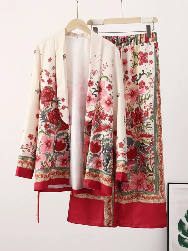 Ležerna odijela sa retro cvjetnim blejzerom Ženska jakna dugih rukava za proljeće 2023. sa širokim hlačama Ženska modna 2-dijelna odjeća