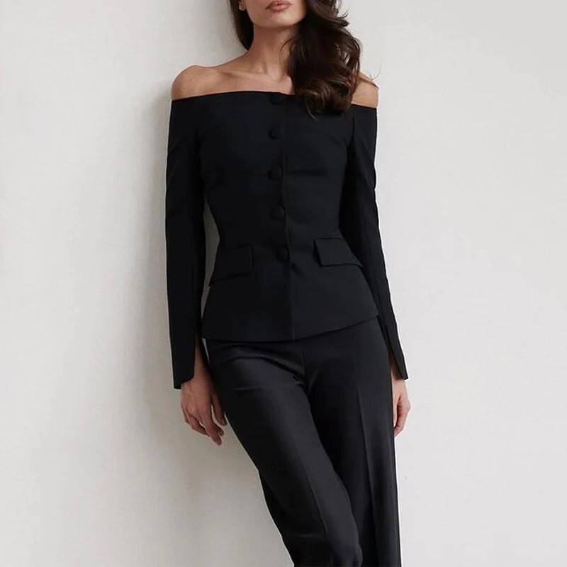 „Wefads“ moteriškas švarkas, dviejų dalių biuro kostiumas, paprastas tvirtas nuo peties ilgomis rankovėmis su viena krūtine su sagutėmis laisvų kelnių rinkiniai