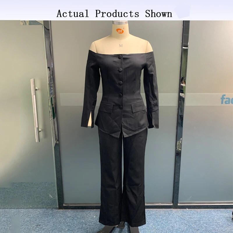 „Wefads“ moteriškas švarkas, dviejų dalių biuro kostiumas, paprastas tvirtas nuo peties ilgomis rankovėmis su viena krūtine su sagutėmis laisvų kelnių rinkiniai