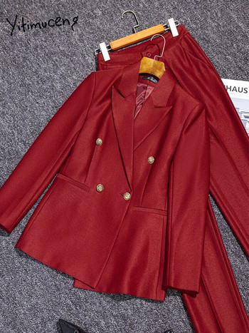 Yitimuceng Fashion Κόκκινο Πράσινο Παντελόνι Κοστούμια Γυναικείες Φθινόπωρο Χειμώνας 2023 Νέο Σετ 2 τεμαχίων Επίσημο σακάκι σακάκι με διπλό στήθος