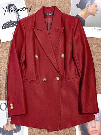 Yitimuceng Fashion Κόκκινο Πράσινο Παντελόνι Κοστούμια Γυναικείες Φθινόπωρο Χειμώνας 2023 Νέο Σετ 2 τεμαχίων Επίσημο σακάκι σακάκι με διπλό στήθος