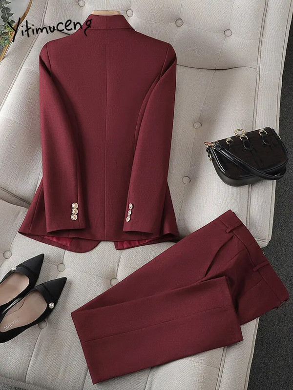 Yitimuceng Γυναικεία Κοστούμια Σετ γραφείου 2023 Νέα μόδα μακρυμάνικο λεπτό γυναικείο μπλέιζερ Vintage ψηλόμεσο μονόχρωμο παντελόνι 2 τεμαχίων