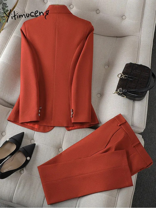 Yitimuceng Γυναικεία Κοστούμια Σετ γραφείου 2023 Νέα μόδα μακρυμάνικο λεπτό γυναικείο μπλέιζερ Vintage ψηλόμεσο μονόχρωμο παντελόνι 2 τεμαχίων