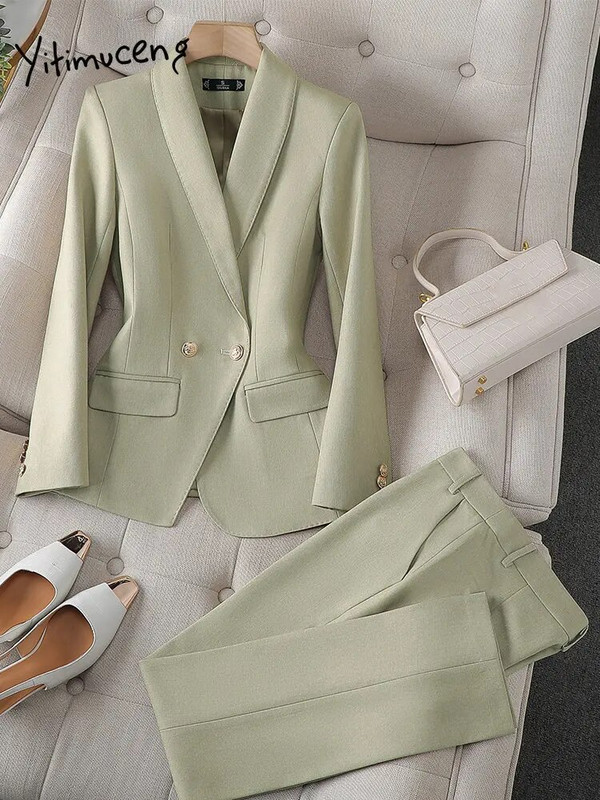 Yitimuceng Γυναικεία Κοστούμια Σετ γραφείου 2023 Νέα μόδα μακρυμάνικο λεπτό γυναικείο μπλέιζερ Vintage ψηλόμεσο μονόχρωμο παντελόνι 2 τεμαχίων