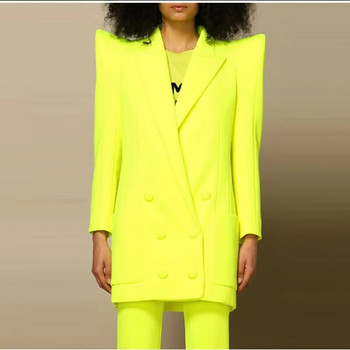 Blazer Pantsuits Σετ Φωσφοριζέ έντονο κίτρινο μπουφάν για ώμους Νέο σχέδιο Παντελόνι γραφείου με διπλό στήθος Κοστούμι δύο τεμαχίων