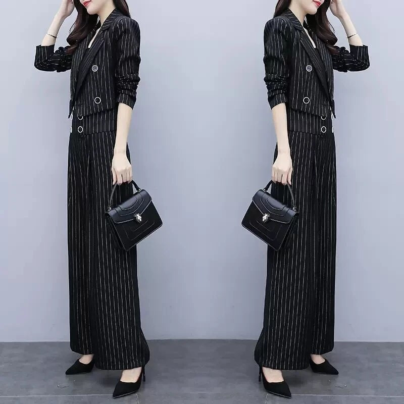 Mazie bleizeri uzvalks Sieviešu pavasaris Jauns ikdienas profesionālais īss žakete un platas bikses Divdaļīgs Biroja sieviešu komplekts