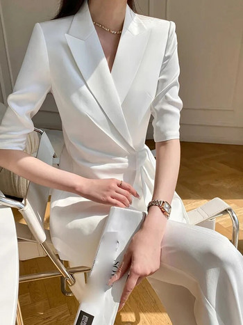 Circyy Κοστούμι για Γυναικεία Ρούχα Γραφείου Κορεατικής μόδας 2023 Νέο μισό μανίκι παλτό με κορδόνι + ψηλόμεσο παντελόνι, λεπτές λευκές στολές