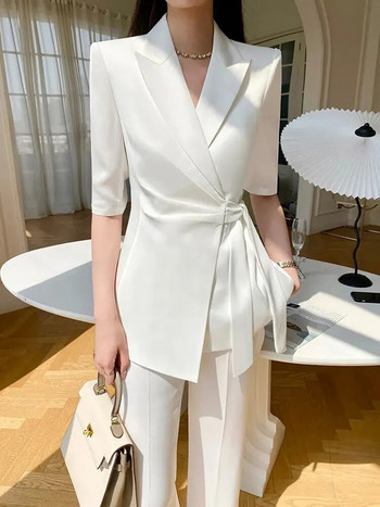 Circyy Κοστούμι για Γυναικεία Ρούχα Γραφείου Κορεατικής μόδας 2023 Νέο μισό μανίκι παλτό με κορδόνι + ψηλόμεσο παντελόνι, λεπτές λευκές στολές