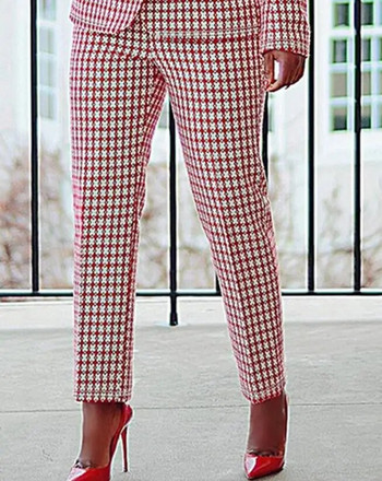 Φθινοπωρινό σετ γυναικεία μπλέιζερ και παντελόνι 2023 Κομψό καρό στάμπα γιακάς με κουμπιά μακρυμάνικο κοστούμι & παντελόνι Γυναικείο