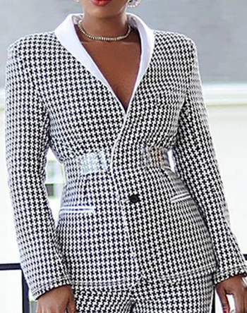 Φθινοπωρινό σετ γυναικεία μπλέιζερ και παντελόνι 2023 Κομψό καρό στάμπα γιακάς με κουμπιά μακρυμάνικο κοστούμι & παντελόνι Γυναικείο