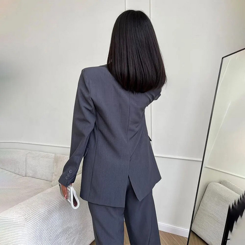 Jesen Zima Ženska ležerna odijela s hlačama Uredski ženski sako Trodijelni kompleti Modni sako s jednim kopčanjem Hlače visokog struka