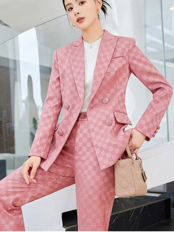 ZJYT Business Formal Γυναικείο γυναικείο καρό κοστούμι ζιβάγκο 2023 Φθινόπωρο Νέο Σετ παντελόνι με σακάκι 2 τεμαχίων Κοστούμι παντελονιού