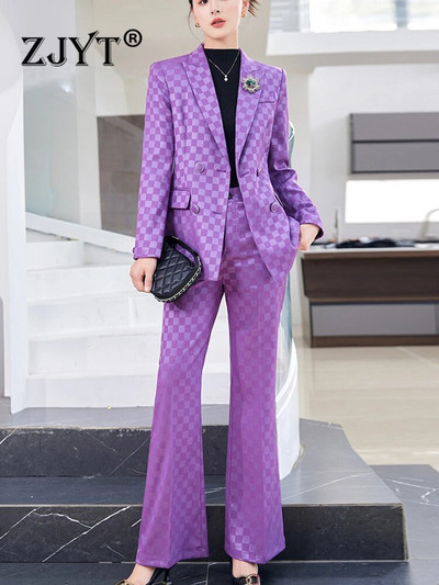 ZJYT Poslovno formalno uredsko žensko karirano sako odijelo Žensko jesensko odijelo 2023. Nova jakna veće veličine Kompleti hlača 2-dijelna odjeća Odijelo s hlačama