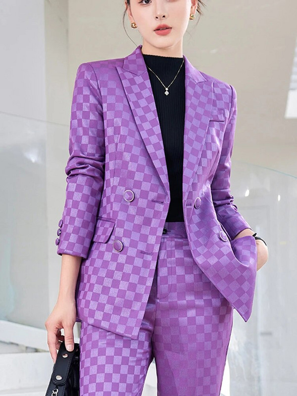 ZJYT Poslovno formalno uredsko žensko karirano sako odijelo Žensko jesensko odijelo 2023. Nova jakna veće veličine Kompleti hlača 2-dijelna odjeća Odijelo s hlačama