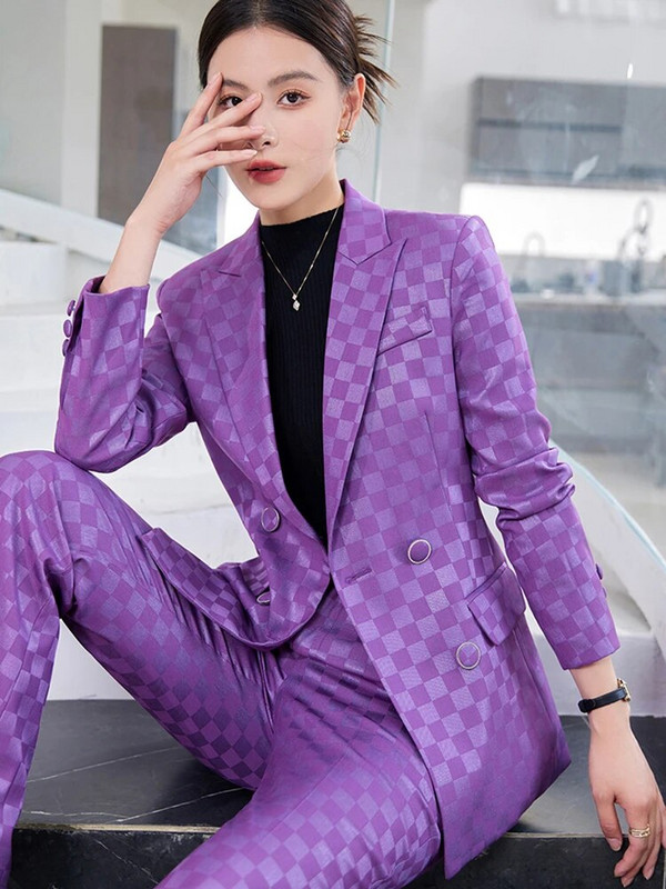 ZJYT Poslovno formalno uredsko žensko karirano sako odijelo Žensko jesensko odijelo 2023. Nova jakna veće veličine Kompleti hlača 2-dijelna odjeća Odijelo s hlačama
