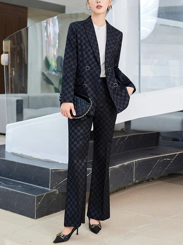 ZJYT Poslovno formalno uredsko žensko karirano sako odijelo Žensko jesensko odijelo 2023. Nova jakna veće veličine Kompleti hlača 2-dijelna odjeća Odijelo s hlačama