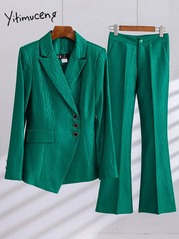 Yitimuceng ριγέ κοστούμια για γυναίκες 2023 Νέα ασύμμετρα μονό στήθος γυναικεία σακάκια γραφείου Γυναικεία φαρδιά παντελόνια 2 τεμαχίων