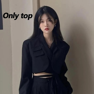 DAYIFUN Ženska nova odijela Chic Crop Seksi jakna i hlače visokog struka 2-dijelni kompleti Hlače širokih nogavica Modni ženski