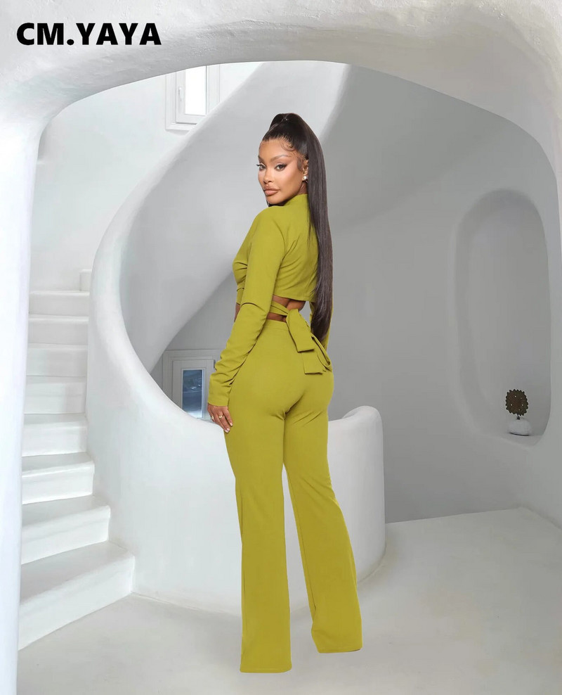 CM.YAYA Elegantni ženski komplet uredske dame sako s urezanim ovratnikom i odijelo s širokim hlačama, ulična trenirka, dvodijelni set odjevnih kombinacija