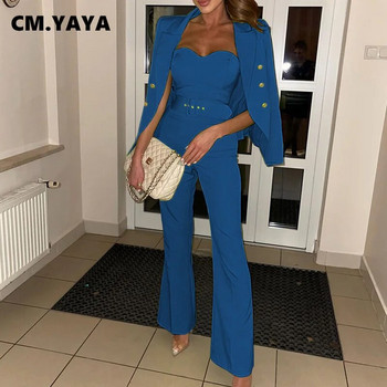 CM.YAYA Κομψό Γυναικείο Σετ Μακρυμάνικο Μπλέιζερ Φαρδύ πόδι Flare Ζώνη Φόρμα Γραφείου Γυναικεία φόρμα δύο τεμαχίων Σετ INS Outfits