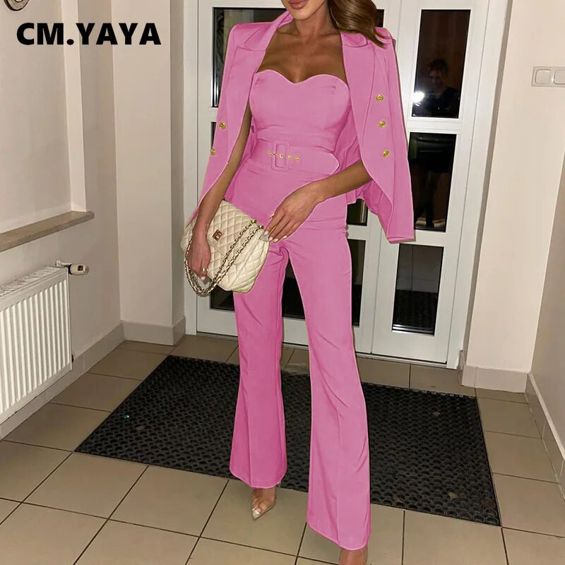 CM.YAYA elegants sieviešu komplekts ar garām piedurknēm žakete ar platu kāju jostu.