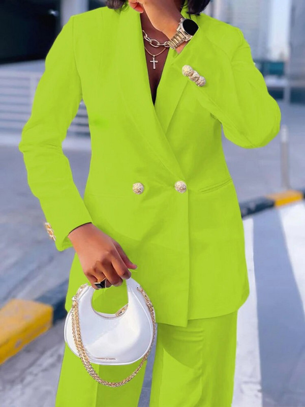 Σετ γραφείου δύο κομματιών Γυναικείο Φθινοπωρινό Χειμώνα ίσιο παντελόνι Τσέπες Διπλό στήθος Κορεάτικο παλτό Loose Casual Solid Blazer Mujer