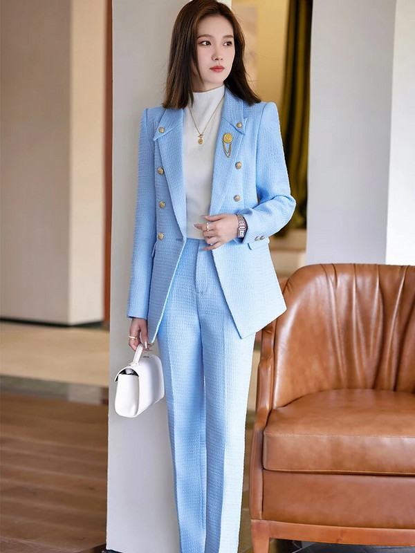 Modes zils, haki, melns rūtains sieviešu darba apģērbs, bikškostīms, 2 daļīgs komplekts sievietēm, ziemas svinīga jaka, žakete un bikses