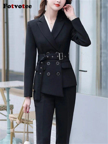 Fotvotee Fashion Formal Παντελόνι Γυναικεία Κοστούμια 2023 Νέα Κορεάτικη μόδα Παντελόνι με μολύβι διπλό μπλέιζερ Γυναικείο σετ 2 τεμαχίων