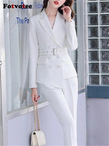 Fotvotee Fashion Formal Παντελόνι Γυναικεία Κοστούμια 2023 Νέα Κορεάτικη μόδα Παντελόνι με μολύβι διπλό μπλέιζερ Γυναικείο σετ 2 τεμαχίων