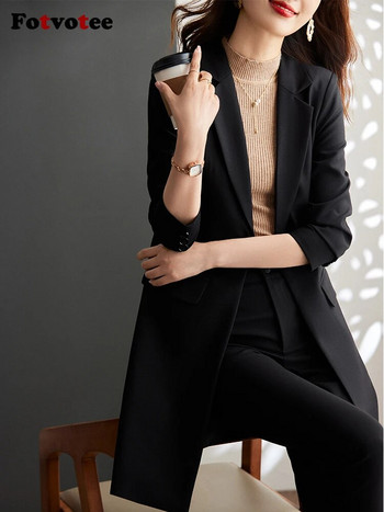 Fotvotee Φθινόπωρο Χειμώνας 2023 Νέα κοστούμια παντελονιών για γυναίκες Κορεάτικη μόδα Στερεό μακρύ σακάκι μπλέιζερ Casual Pencil Παντελόνι 2 τεμαχίων