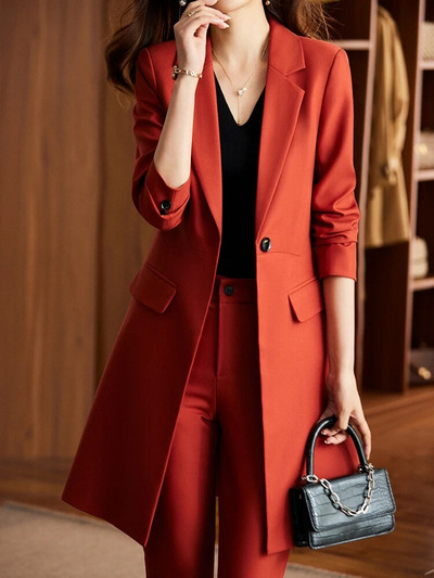 Fotvotee Φθινόπωρο Χειμώνας 2023 Νέα κοστούμια παντελονιών για γυναίκες Κορεάτικη μόδα Στερεό μακρύ σακάκι μπλέιζερ Casual Pencil Παντελόνι 2 τεμαχίων