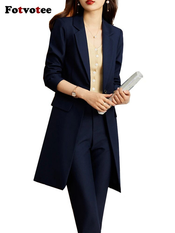 Fotvotee Φθινόπωρο Χειμώνας 2023 Νέα κοστούμια παντελονιών για γυναίκες Κορεάτικη μόδα Στερεό μακρύ σακάκι μπλέιζερ Casual Pencil Παντελόνι 2 τεμαχίων