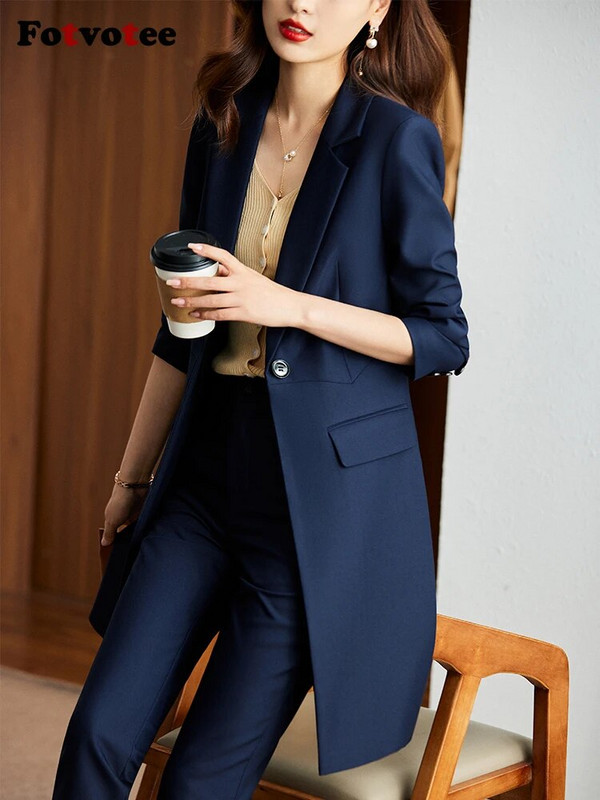 Fotvotee Φθινόπωρο Χειμώνας 2023 Νέα κοστούμια παντελονιών για γυναίκες Κορεάτικη μόδα Στερεό μακρύ σακάκι μπλέιζερ Casual Pencil Παντελόνι 2 τεμαχίων
