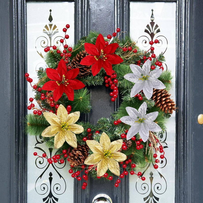 Didelės šilkinės dirbtinės kalėdinės gėlės Raudonos rožės galvutės Gėlė Kalėdų eglutės papuošalams Namų vestuvių vakarėlio dekoravimo priedai