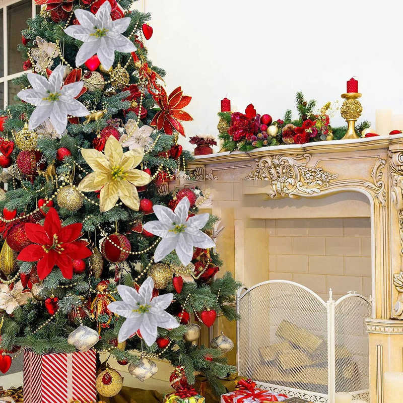 Didelės šilkinės dirbtinės kalėdinės gėlės Raudonos rožės galvutės Gėlė Kalėdų eglutės papuošalams Namų vestuvių vakarėlio dekoravimo priedai