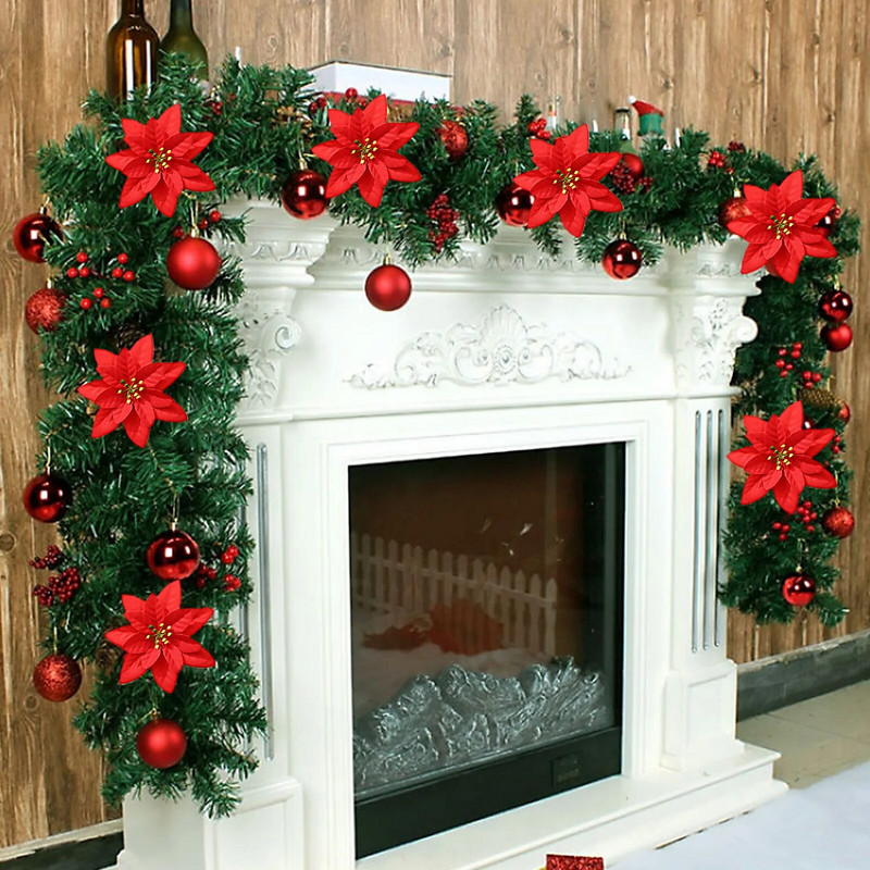 Didelės šilkinės dirbtinės kalėdinės gėlės Raudonos rožės galvutės Gėlė Kalėdų eglutės papuošalams Namų vestuvių vakarėlio dekoravimo priedai