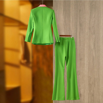 Office Lady Fresh Color Pink Collar Patchwork Green Blazer Suits 2PCS Regular Fit Παντελόνι με φαρδύ πόδι Γυναικεία ρούχα