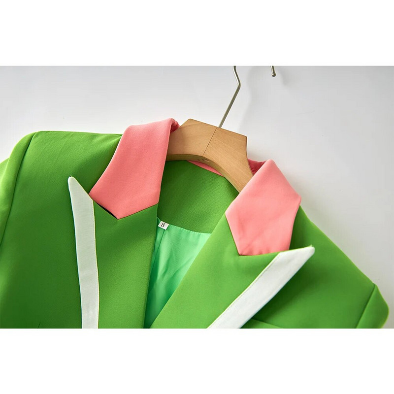 Kontorinaise värske värvi roosa krae lapiline roheline bleiserülikonnad 2 tk. Tavalise istumisega laia säärega püksid Naiste komplektid