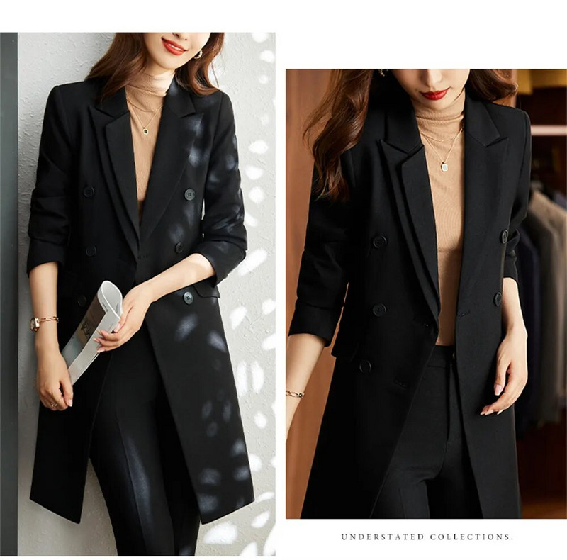 Kaki ženski svečani kompleti hlača 2023 Novo u ležernom dugom sakou s dvokopčanim kopčanjem + odijela s hlačama Uredski ženski sako Set od 2 komada