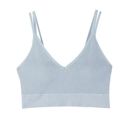 Ženski bešavni bežični grudnjak s mekom podstavom V-izrez s dvostrukim naramenicama, pleteni pleteni kamisol s rebrastim prslukom za vježbanje u teretani.