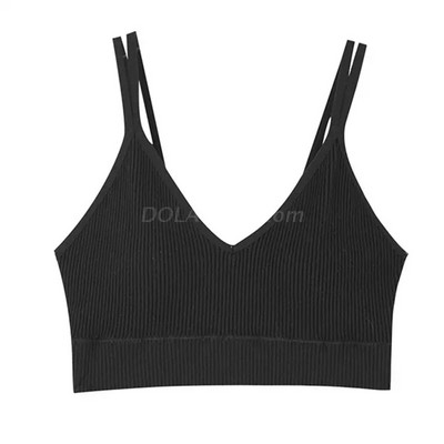 Ženski bešavni bežični grudnjak s mekom podstavom V-izrez s dvostrukim naramenicama, pleteni pleteni kamisol s rebrastim prslukom za vježbanje u teretani.