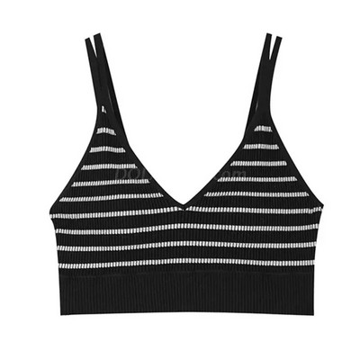 Ženski bešavni bežični grudnjak s mekom podstavom V-izrez s dvostrukim naramenicama, pleteni pleteni kamisol s rebrastim prslukom za vježbanje u teretani.