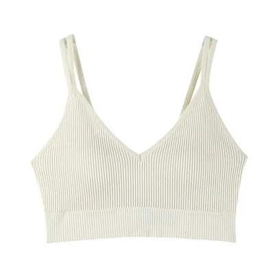 Ženski bešavni bežični grudnjak s mekom podstavom V-izrez s dvostrukim naramenicama, pleteni pleteni kamisol s rebrastim prslukom za vježbanje u teretani.