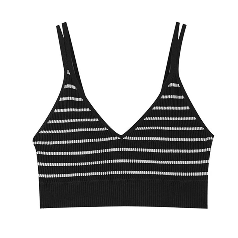 Ženski bešavni bežični grudnjak s mekom podstavom V-izrez s dvostrukim naramenicama, pleteni pleteni kamisol s rebrastim prslukom za vježbanje u teretani.