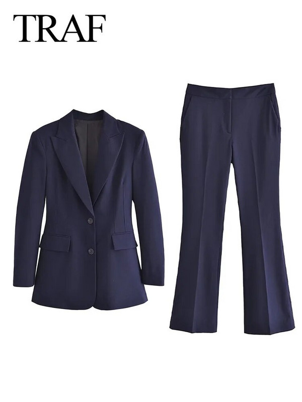 TRAF Ženska 2-kom. kauzalna poslovna jakna odijela Mornarsko plava odijela s hlačama za zabave Svečani ženski uredski kompleti Vjenčana odjeća Smokingi