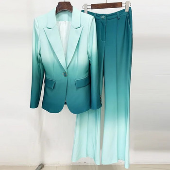 Πολυτελής ντιζάιν Ψηλές γυναίκες Street 2PCS Blazer Suits Gradient Green Color Σετ παντελονιών Flare που μαγνητίζουν τα βλέμματα