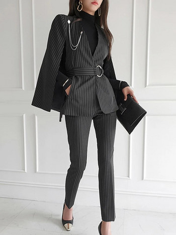 Ανοιξιάτικα κομψά ρούχα 2 τεμαχίων Γυναικεία επίσημα casual ριγέ μανδύα παλτό ζιβάγκο σακάκι μακρύ παντελόνι Παντελόνι κοστούμια επαγγελματικά σετ