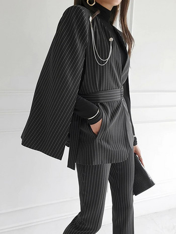 Ανοιξιάτικα κομψά ρούχα 2 τεμαχίων Γυναικεία επίσημα casual ριγέ μανδύα παλτό ζιβάγκο σακάκι μακρύ παντελόνι Παντελόνι κοστούμια επαγγελματικά σετ