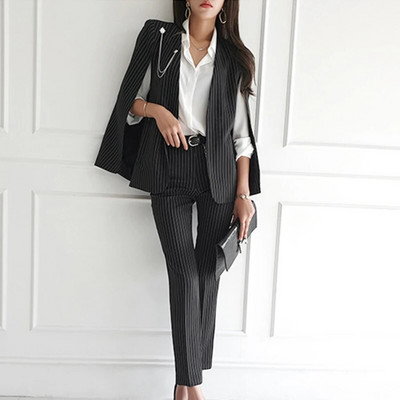 Proljetna Elegantna 2-dijelna odjeća Ženska formalna ležerna prugasta plašt s remenom Kaput Blazer Jakna Duge hlače Odijela s hlačama Poslovni kompleti